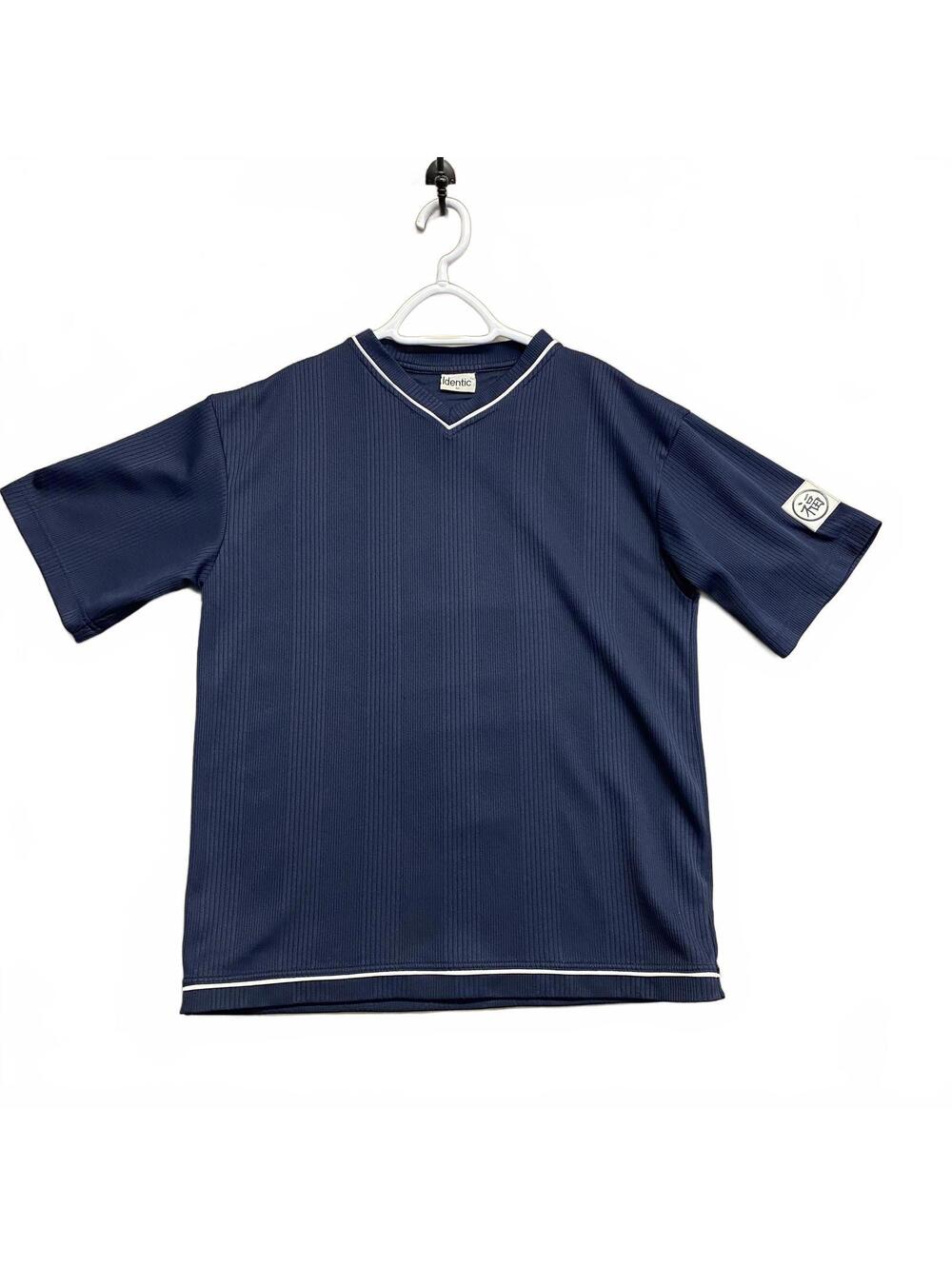 Identic Men's Navy Blue V-Neck Short Sleeve Shirt Medium